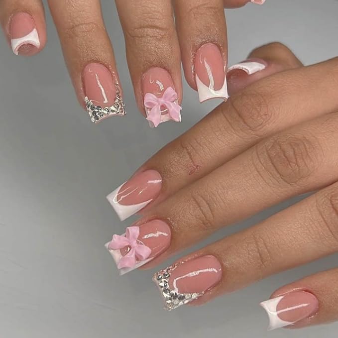 French Tip Press on Nails Short Square Fake Nails with Designs 3D Bow Rhinestones False Nails Glossy Full Cover Acrylic Nails Glue on Nails Shiny Artificial Stick on Nails for Women Manicure 24 Pcs