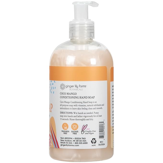 Ginger Lily Farms Botanicals Conditioning Liquid Hand Soap, Coco Mango, 100% Vegan & Cruelty-Free, Coconut Mango Scent, 12 Fl Oz (Pack of 6)