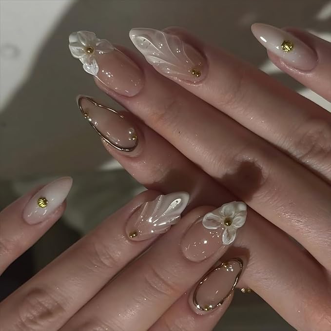 Nude Press on Nails Medium Almond Fake Nails 3D Flower Water Droplet Ripple Designs Gold Beads Rhinestones Charms False Nails Glossy Full Cover Glue on Nails Summer Acrylic Nails Kit for Women 24Pcs