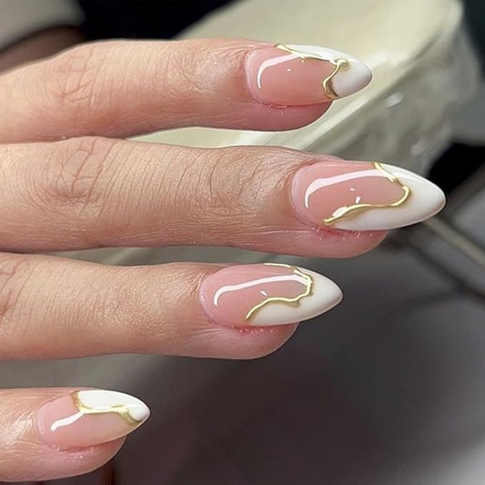 Almond Press on Nails Medium White French Tip Nails Press ons with Gold Lines Design Nude Pink Fake Nails Glossy Artificial Acrylic Nails Almond Nails Tips Full Cover Glue on Nails 24Pcs