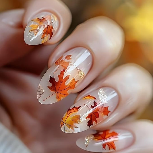 24Pcs Fall Press on Nails Almond Medium Fall Fake Nails Maple Leaves Full Cover Designs Autumn Glue on Nails Thanksgiving Acrylic Nails Glossy Reusable Artificial Stick on Nails Decoration for Women