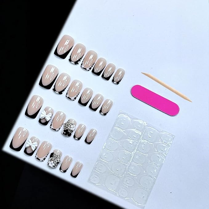 24Pcs Black French Tip Press on Nails Short Square Fake Nails with Bow Flower Star Rhinestones Leopard Designs French Acrylic Nails Stick on Nails Nude False Nails Floral Glue on Nails for Women