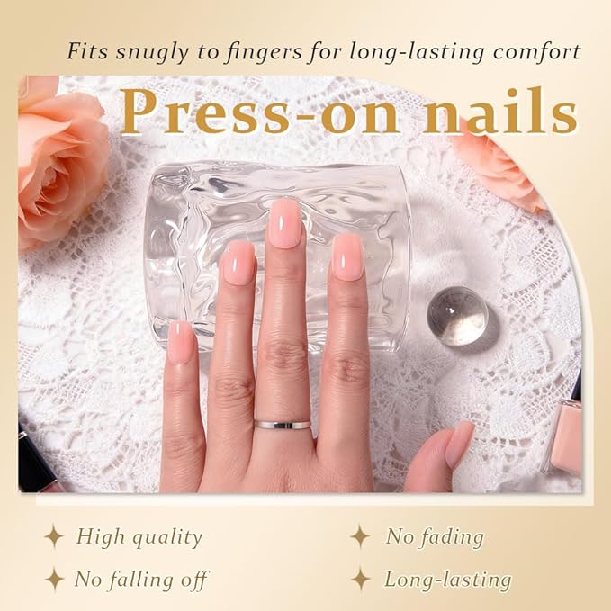 evpct Nude Pink Short Squoval Glossy Press on Nails for Women Gift, Glossy Nude Pink Fake Nail with Nail Glue Manicure Kit, Soft Gel Full Cover Reusable Stick Glue on Acrylic False Nails Perfectly Fit