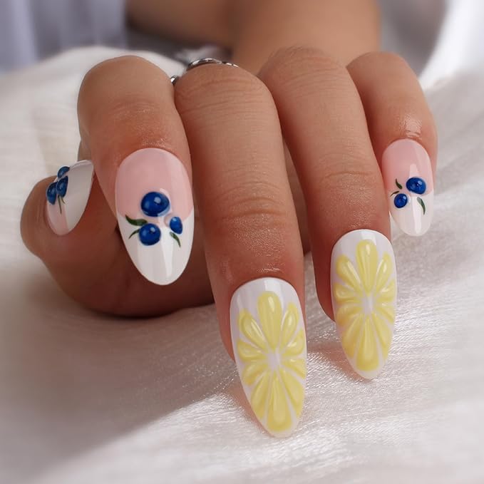 Summer Fruit 3D Press On Nails Almond Shape – Medium Length Acrylic Fake Nails with Blueberry & Lemon Art, Cute Glossy Stick On Nails for Women, Reusable DIY Nail Kit with Glue, 24PCS