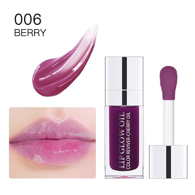Hydrating Lip Glow Oil, Lip Oil Gloss Transparent Toot Tinted Nourishing Long Lasting Repairing Lightening Lip Lines (BERRY) 0.2 OZ