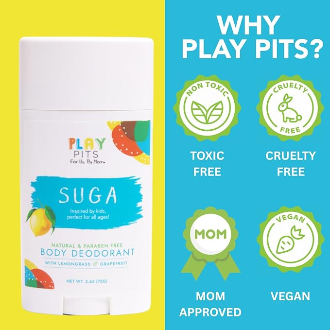 PLAY PITS - Kids Deodorant for Girls & Boys - Natural - Aluminum-Salt Free - Safe for Sensitive Skin - SUGA is Infused w/Lemon & Grapefruit Essential Oils - Non-Toxic & Paraben Free - 2.65oz - 2pk