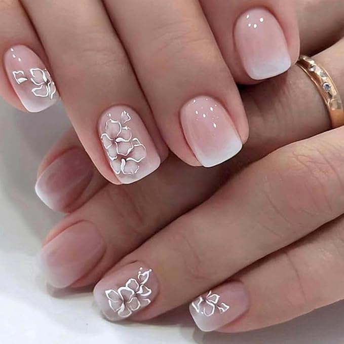 French Press On Nails Short Square White Nude Gradient False Nails Delicately Adorned with White Silver Flowers Reusable Glue On Nails for Women Kit 24Pcs