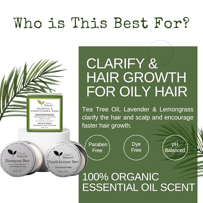 Shampoo Bar and Conditioner with Travel Tins | Lemongrass, Lavender, Tea Tree Oil | Clarifying & Growth | For Oily Hair | USA 2-pk