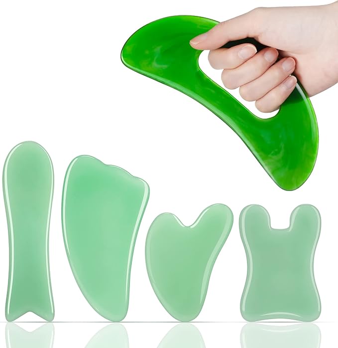 Treela 5 Pcs Gua Sha Facial Tools Set and 1 Pcs Body Gua Sha Massage Tool with Handle for Face Back Neck Leg Body Scraping Massage Board Guasha Comb(Jade, Resin,Green)