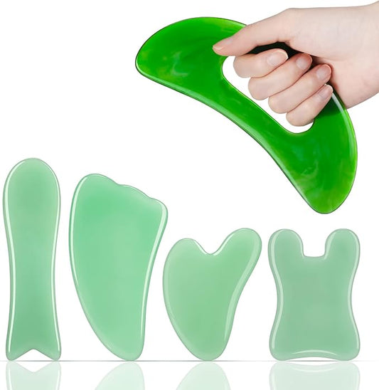 Treela 5 Pcs Gua Sha Facial Tools Set and 1 Pcs Body Gua Sha Massage Tool with Handle for Face Back Neck Leg Body Scraping Massage Board Guasha Comb(Jade, Resin,Green)