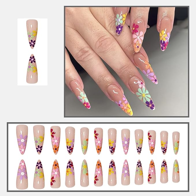 24 Pcs Nude Pink Press on Nails Long Stiletto With Daisy Flower Tips - Glue on Colorful Dopamine Exquisite Design Glossy Acrylic Almond False Nails for Women Summer Nail Art