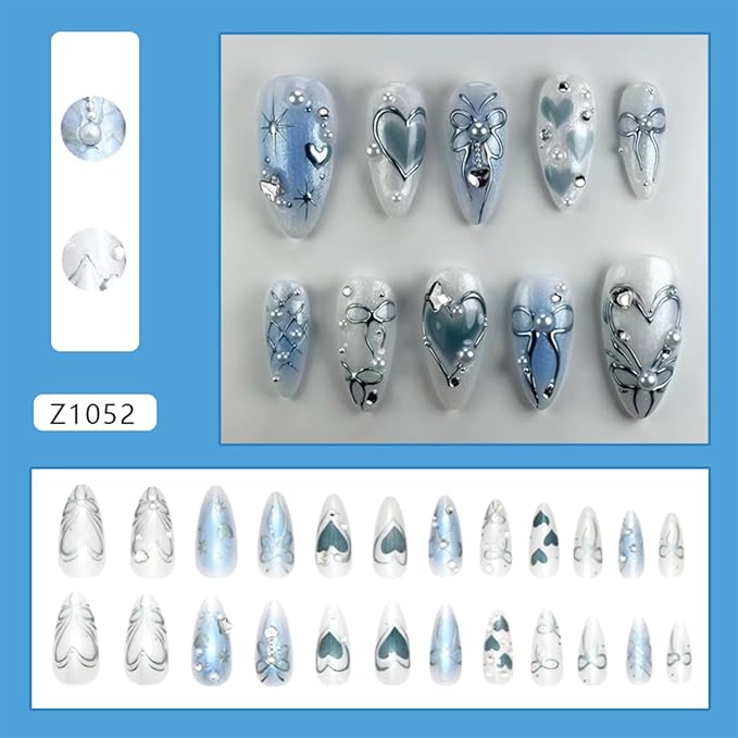 24Pcs Blue Press on Nails Medium Almond Fake Nails with 3D Silver Heart Bow Designs Pearl Rhinestones False Nails Blue White Glossy Acrylic Nail Tips Kit Full Cover Artificial Glue on Nails for Women
