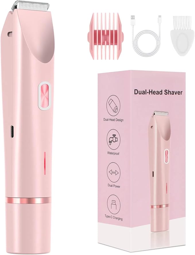 Dermave Bikini Shaver - Bikini Trimmer for Women, Dual Head Shaver Painless Hair Removal for Face, Body & Intimate Areas (Pink)