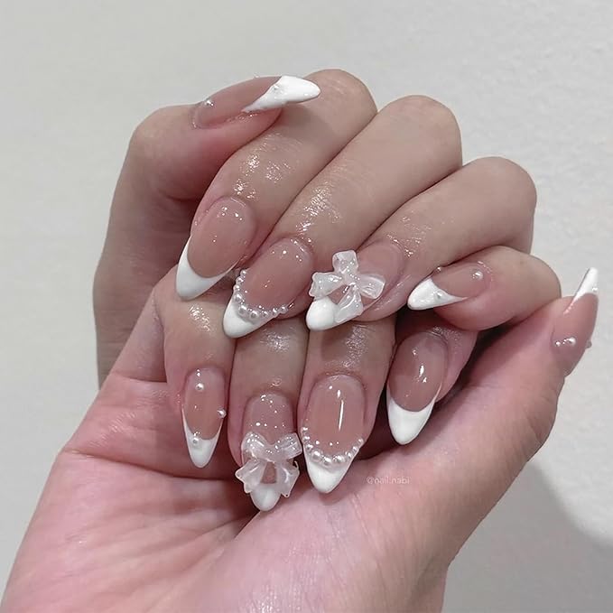 24Pcs French Tip Press on Nails Long Almond Fake Nails Pearls Nails Tip Design Cute False Nails Full Cover Glossy Stick on Nails Bow Charm Acrylic Nails French Artificial Nails for Women Girl Manicure