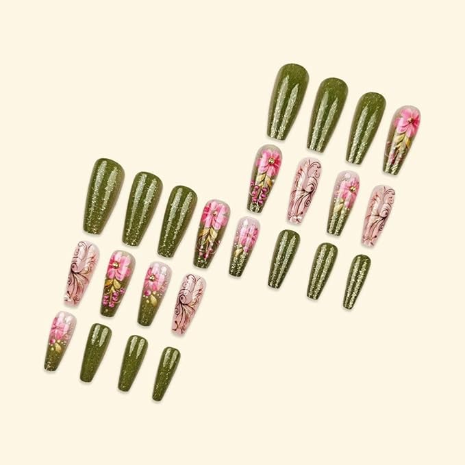 Long Press on Nails Coffin Fake Nails with Flower Design Acrylic Nails Glitter Glue on Nails for Women 24pcs