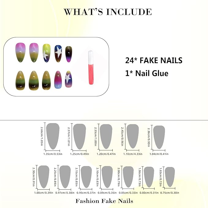 IMRAIN Press on Nails Medium Almond Fake Nails Rainbow Gradient False Nails with Star Designs Full Cover Colorful Ombre Glossy Glue on Nails Acrylic Y2K DIY Nail Art Stick on Nails 24Pcs