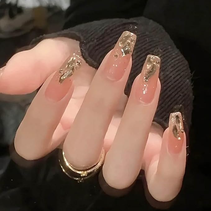 Hkanlre Bling Coffin Press on Nails Fake Nails Tips Full Cover Medium False Gradient Nails for Women and Girls 24PCS (Gold Coffin)