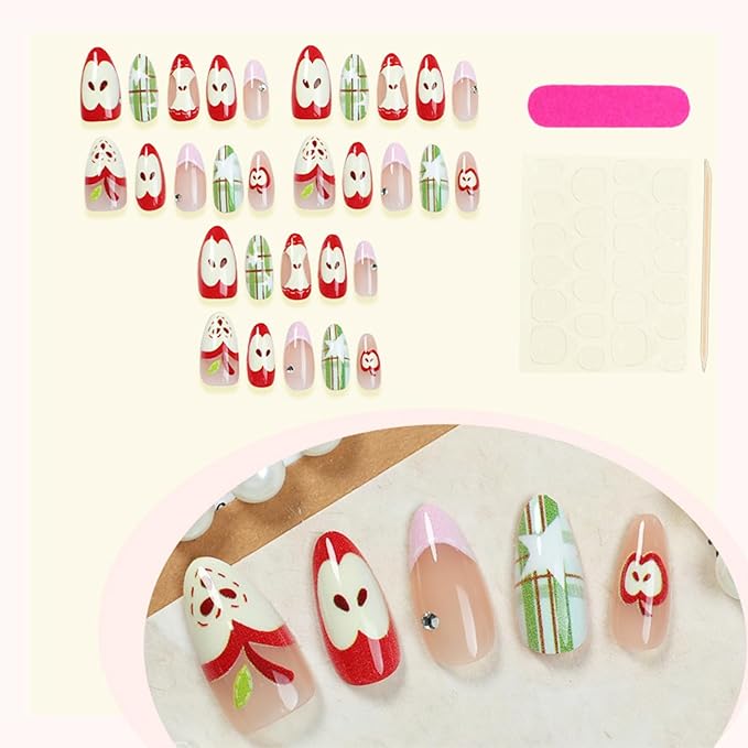 30 Pcs Fruit Press on Nails Medium Almond Fake Nails with Apple Star Designs Pink French Tip False Nails Fruit Acrylic Nail Tips Cute Full Cover Stick on Nails for Women Summer Fall Nail Decoration