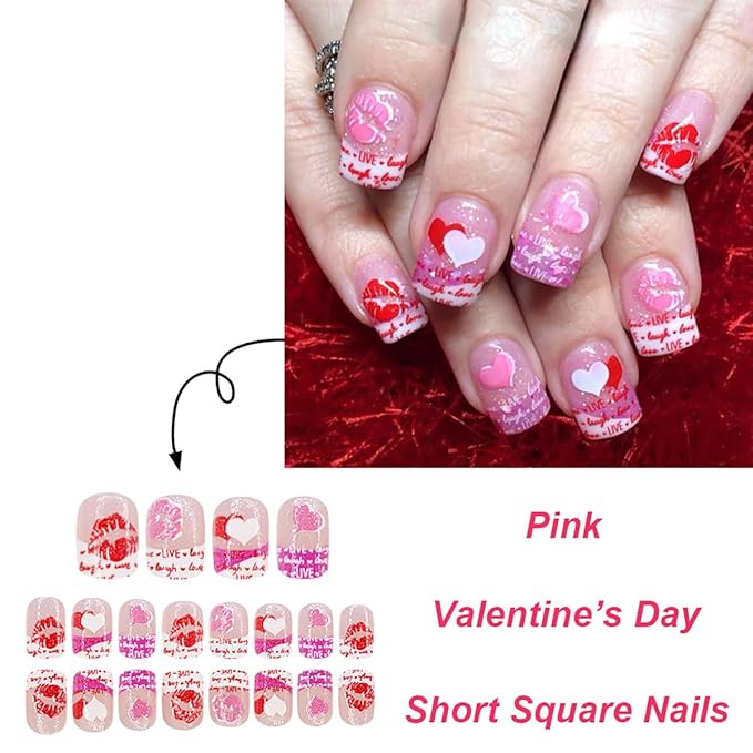 24Pcs Valentines Press on Nails Short Square Fake Nails French Tip Press ons with Sexy Lip Design Glossy Glue on Nails Love Heart False Nails Romantic Acrylic Artificial Nails for Women Manicure