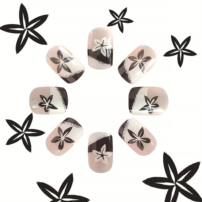 24Pcs French Tip Press on Nails Short Square Fake Nails with Black White Design Flower False Nails Full Cover Artificial Glue on Nails Nude Stick on Nails Spring Summer Nail Supplies for Women Tips
