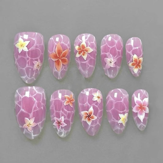 Summer Flower Press on Nails Almond Medium Fake Nails Purple Nails Press ons Acrylic Nails with Marble Wave Tropical Flowers Designs Glue on Nail Full Cover Artificial Nails for Women 24Pcs