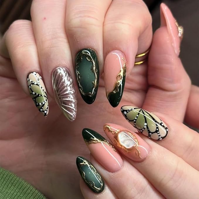 Press on Nails Almond Fake Nails Green Butterfly False Nails with Gold Line Design Medium French Acrylic Nails Glossy Glue on Nail Press ons for Women Manicure 24Pcs