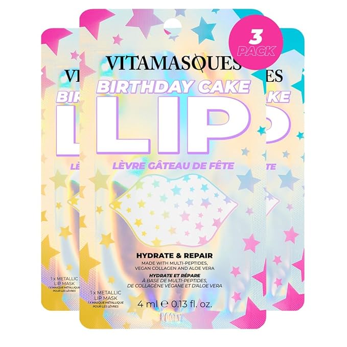 Vitamasques Lip Mask, 3-Pack -Birthday Cake Collagen Lip Mask Sheets, Repair for Dry & Chapped Lips - Nourishing & Hydrating - Vegan & Cruelty-Free Korean Skin Care