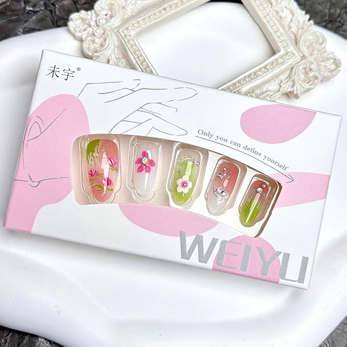 24Pcs Spring Summer Press on Nails Medium Almond Fake Nails 3D Flowers Butterfly Bow Pearl Design Full Cover Stick on Nails Reusable Green Pink Nails Flower False Nails for Women Girls Acrylic Nails