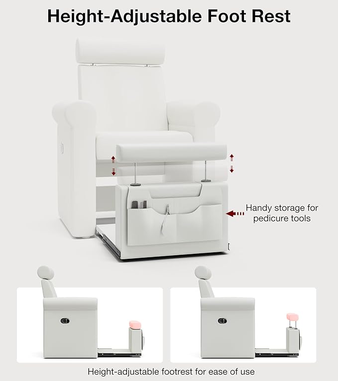 Icoget Professional Pedicure Chair No Plumbing, Reclining Pedicure Station Pipeless with Retractable Base and Adjustable Legrest Used in Salons, Home, Waterproof Foot Spa Chairs, White