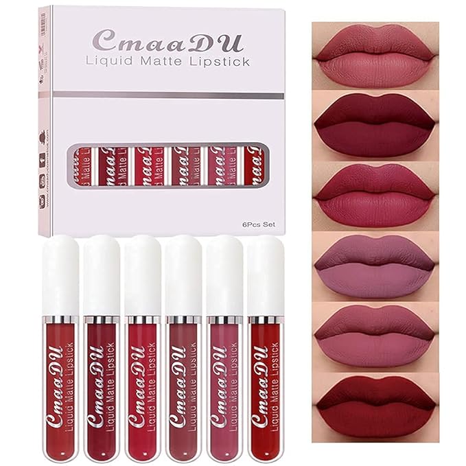 evpct 6Pcs Lipstick Matte Liquid Lipstick Lipgloss Set for Women, Dark Plum Wine Rose Mauve Red Nude Pink labiales mate 24 horas originales matte larga duracion 24 Hour Lipstick A-02