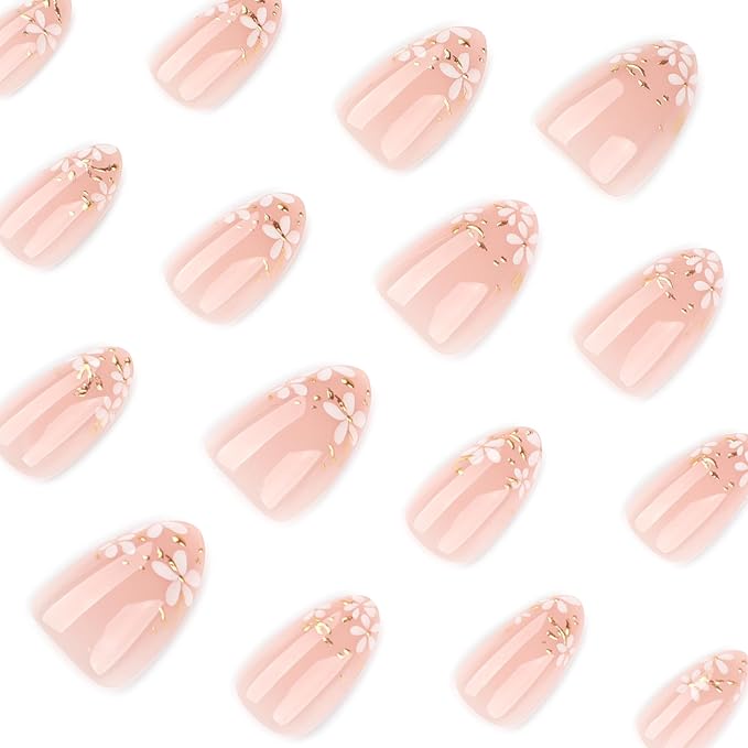 Short Press On Nails Almond, Nude Pink Fake Nails with White Floral & Gold Foil Detail, Glossy Gel Finish Acrylic Nails, Party Reusable Glue On Nails Kit for Women, 24Pcs