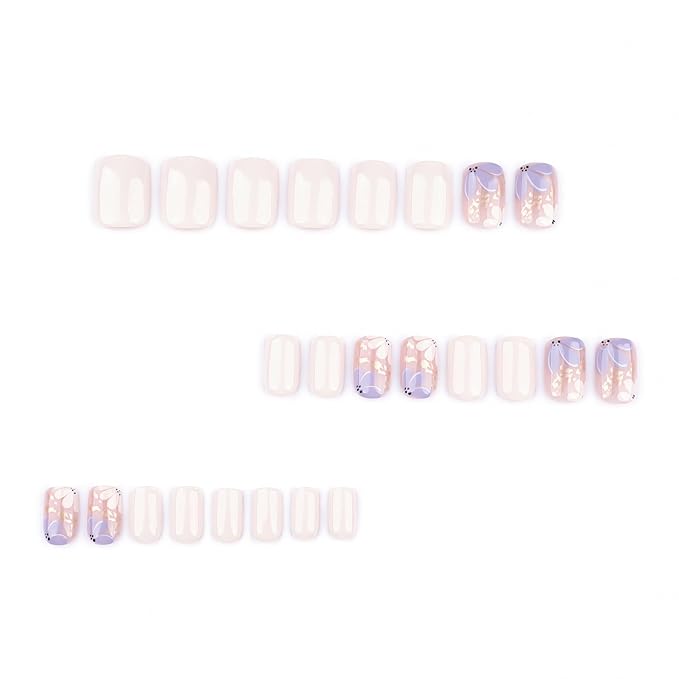 Short Square Press On Nails, Beige Fake Nails with Blossom Floral and Gold Foil Design, Glossy Reusable Acrylic Nails Kit for Women, Natural Look, 24Pcs Glue-On Set