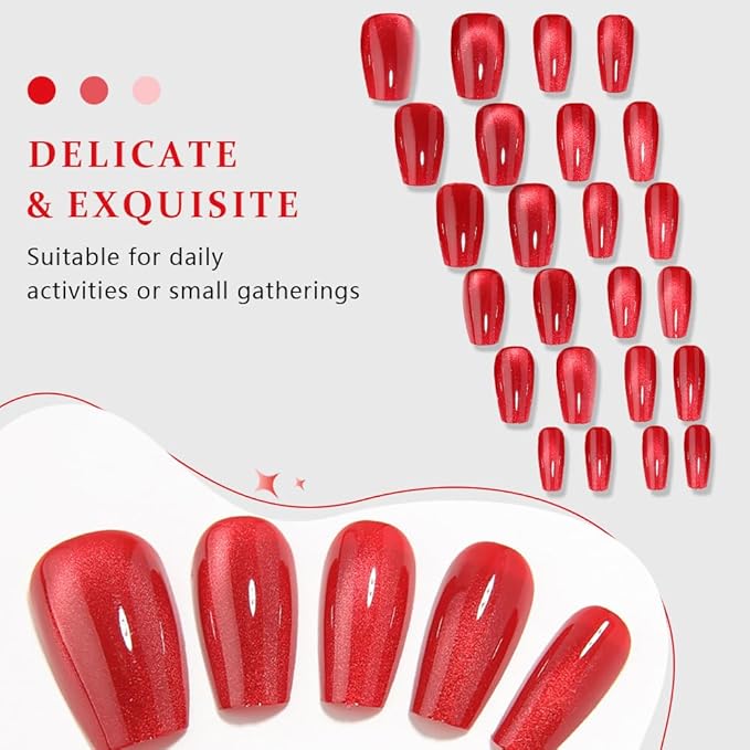 evpct Red Cat Eye Press on Nails Square Medium Coffin, Medium Square Glue on Nails for Women Gift, Red Metallic Glitter Glossy Reusable Spring Summer Stick Gel Press on Acrylic Fake Nail with Designs