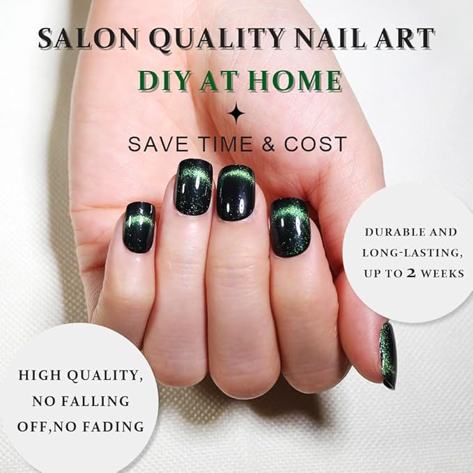 Dark Green Cat Eye Extra Short Press on Nails Square, Petite Short Square Glue on Nails for Women Gift, Smile Light Green Metallic Glitter Glossy Reusable Gel Press on Acrylic Fake Nail with Designs