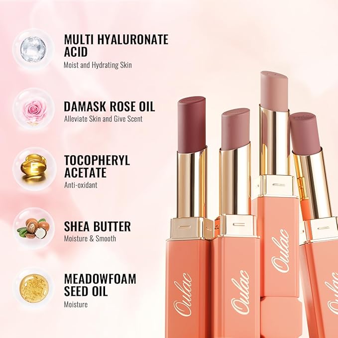 Oulac Satin Lipsticks for Women Set - Matte Lipstick, Full Coverage Lip Color, Satin Matte Finish, Cream Texture, Hydrating, Infused with Hyaluronic Acid, 4g*2 SG02+SG09