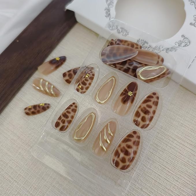 24Pcs Brown Flower Press on Nails Almond Medium Fake Nails with Leopard Print Designs 3D Gilding Frame False Nail Reusable Acrylic Nails Stick on Nails for Women Handmade Nail Decoration
