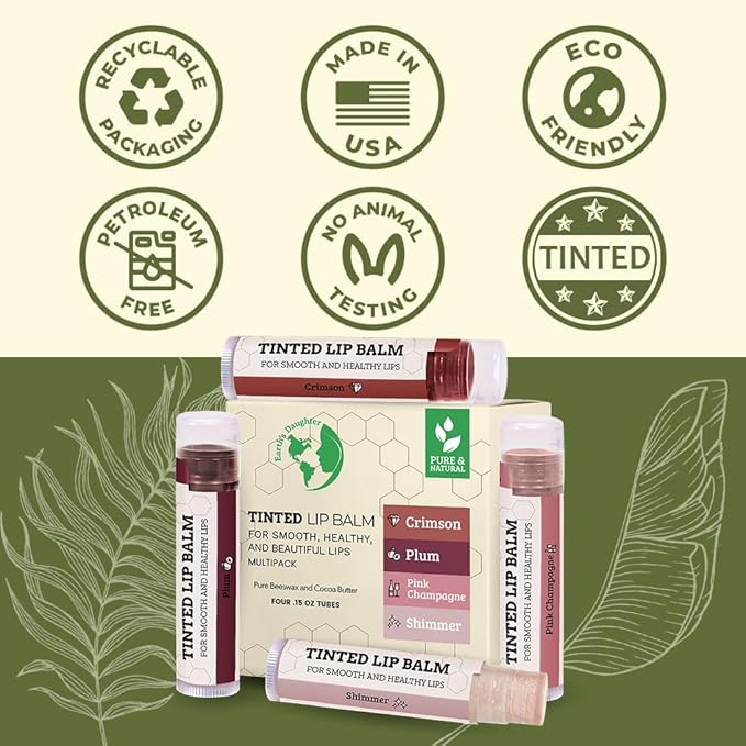 Earth's Daughter Tinted Lip Balm 4 Pack of Assorted Colors - Beeswax, Coconut Oil, Cocoa Butter, Vitamin E - Moisturize and Beautify - Paraben Free