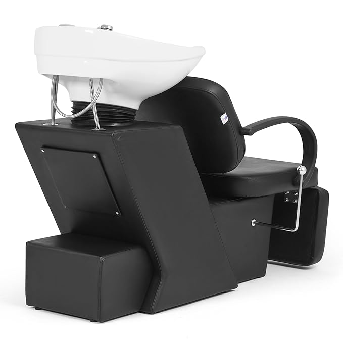 Artist hand Shampoo Bowl, 47" Ceramic Bowl Chair Adjustable Backwash Shampoo Station Footrest Salon Equipment(White Bowl)