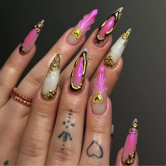 24pcs Pink Press on Nails Long Almond Fake Nails with 3D Gold Line Heart Designs Water Drop Glue on Nails Gradient False Nails French Acrylic Nails Full Cover Glossy Stick On Nails for Women