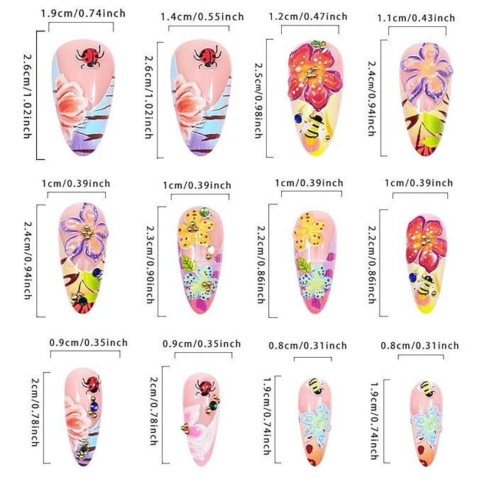 24Pcs Flower Press on Nails Medium Almond French tip Fake Nails 3D Colorful Flower Butterfly with Rhinestones Glitter Designs Full Cover Stick on Nails Summer False Nails for Women Girls Acrylic Nails