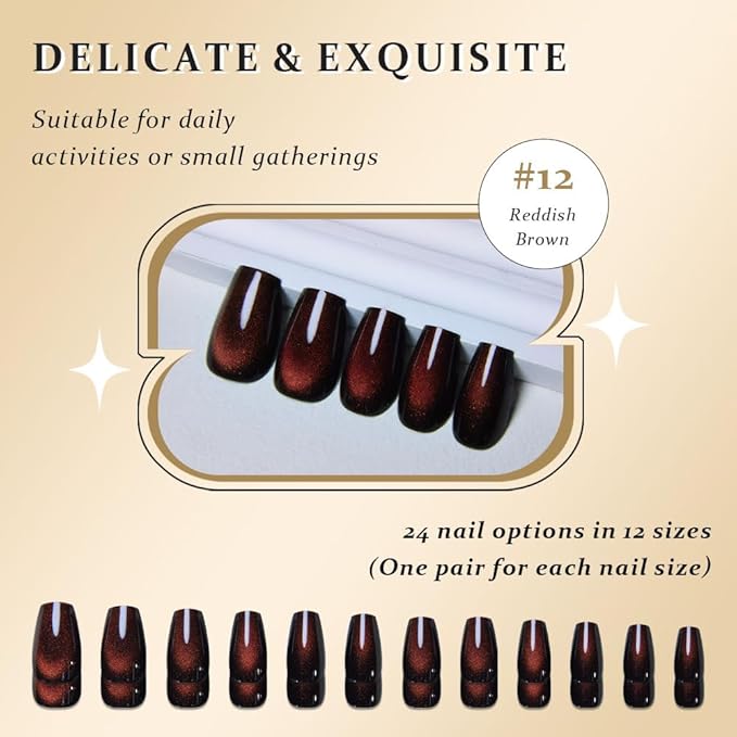 evpct Reddish Brown Cat Eye Coffin Press on Nails Square Medium, Medium Square Glue on Nails for Women Gift, Wine Red Metallic Glitter Glossy Reusable Spring Summer Gel Press on Acrylic Fake Nail