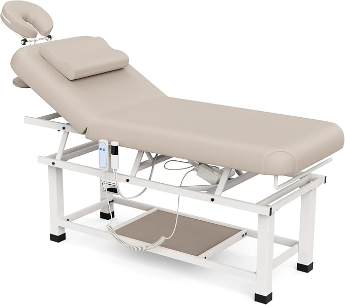pouseayar Heating Function Heavy Duty Electric Stationary Massage Table with Backrest Adjustable and Storage Space for Treatment/Medical Spa/Facial/Beauty/Massage Bed - 30 x 75 - Beige Gray