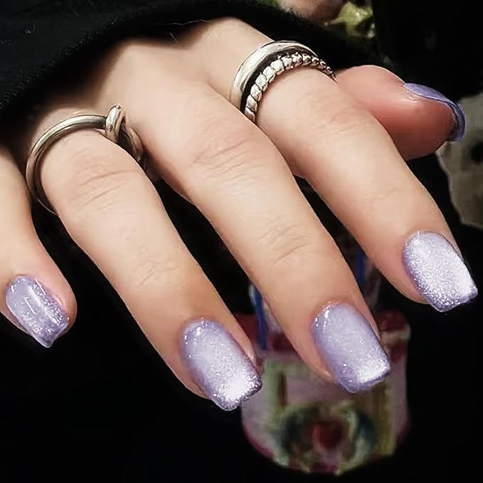 Square Press on Nails - Light Purple Glitter, Short Acrylic, Medium Glossy, False Nails, Gel Glue, Ombre Stick on Nails for Women & Girls - 24Pcs