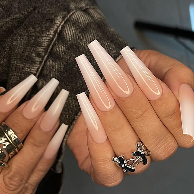 Yivaiks Nude Long Press on Nails Coffin Gradual Natural Artificial Nails for Women Fake Nails Kit 24pcs