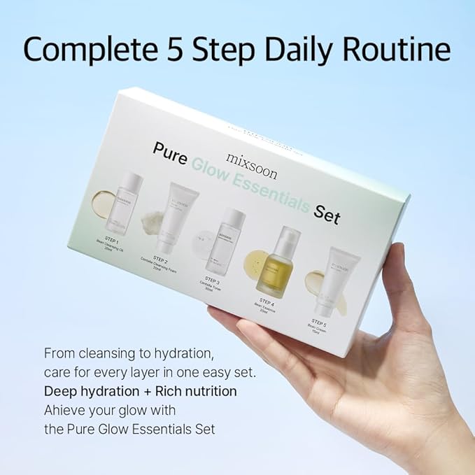 mixsoon Pure Glow Essentials Set-5-Step Skincare Kit - Hydrating Skincare Gift Set, Cleansing Oil, Foam, Toner, Essence, Cream (15ml*1+20ml*3+30ml*1) 105ml / 3.55 Fl. Oz. Korean Glass Skin Care