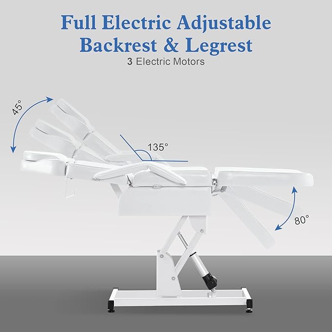 BarberPub Fully Electric Facial Bed with 3 Motor for Esthetician, Electric Tattoo Chair for Client, Facial Bed for Esthetician, Electric Adjustment 2751 (White, Height (Flat): 24"–33")