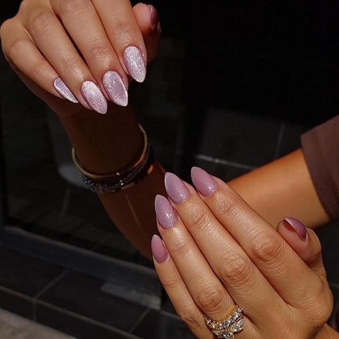 KQueenest Press On Nails Short - Pastel Light Purple Press On Nails Almond Shape, Glitter Cat Eye Fake Nails with Nail Glue, Reusable Cute Bright Gel Glue On Nails with Color-Shifting Glow, 30 Pcs