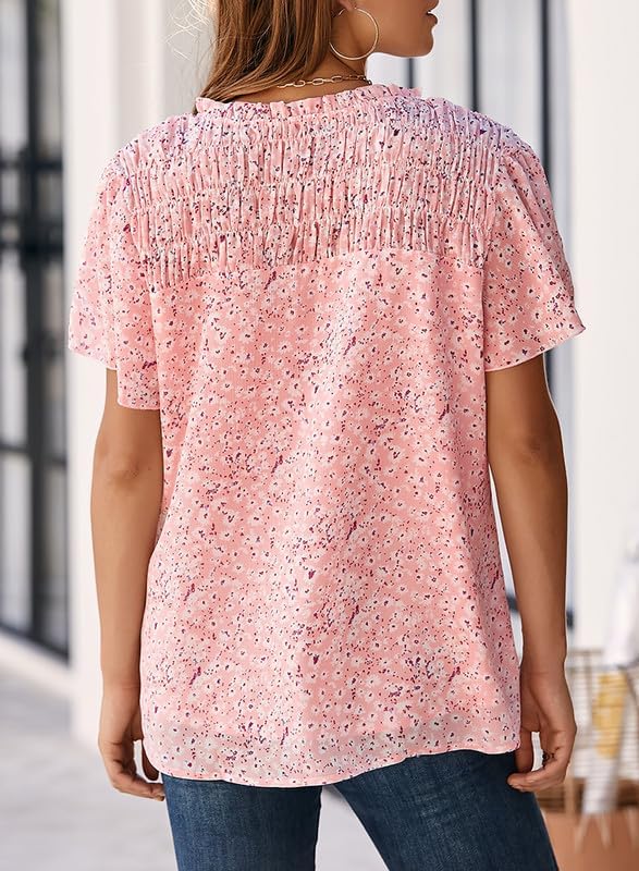 SHEWIN Women's Casual V Neck Floral Print Smocked Short Sleeve Chiffon Blouses Bohemian Top Shirts