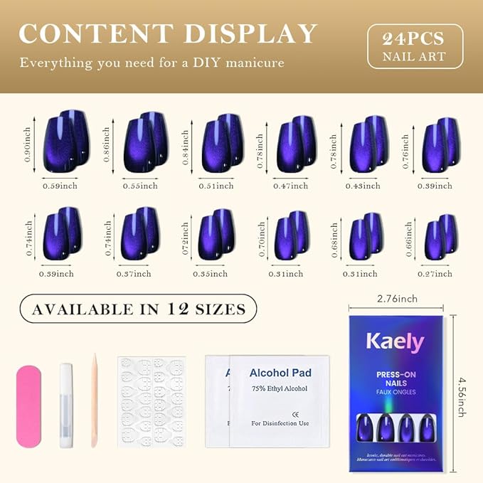 evpct Royal Blue Cat Eye Coffin Press on Nails Square Medium, Medium Square Glue on Nail for Women Gift, Royal Blue Metallic Glitter Glossy Reusable Soft Gel Press on Acrylic Fake Nails with Designs