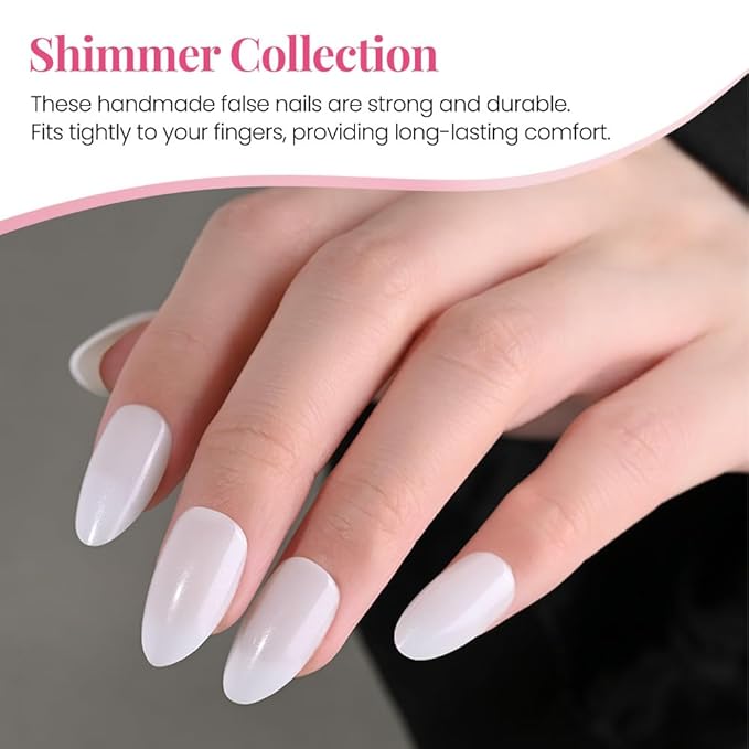 evpct Press on Nails Almond Short, Pearl White Glitter Shimmer Shiny Short Almond Fake Nails for Women Gift, Soft Gel Press Glue On Nails with Nail Glue, 30Pcs Reusable Acrylic Fake Nail Manicure Kit